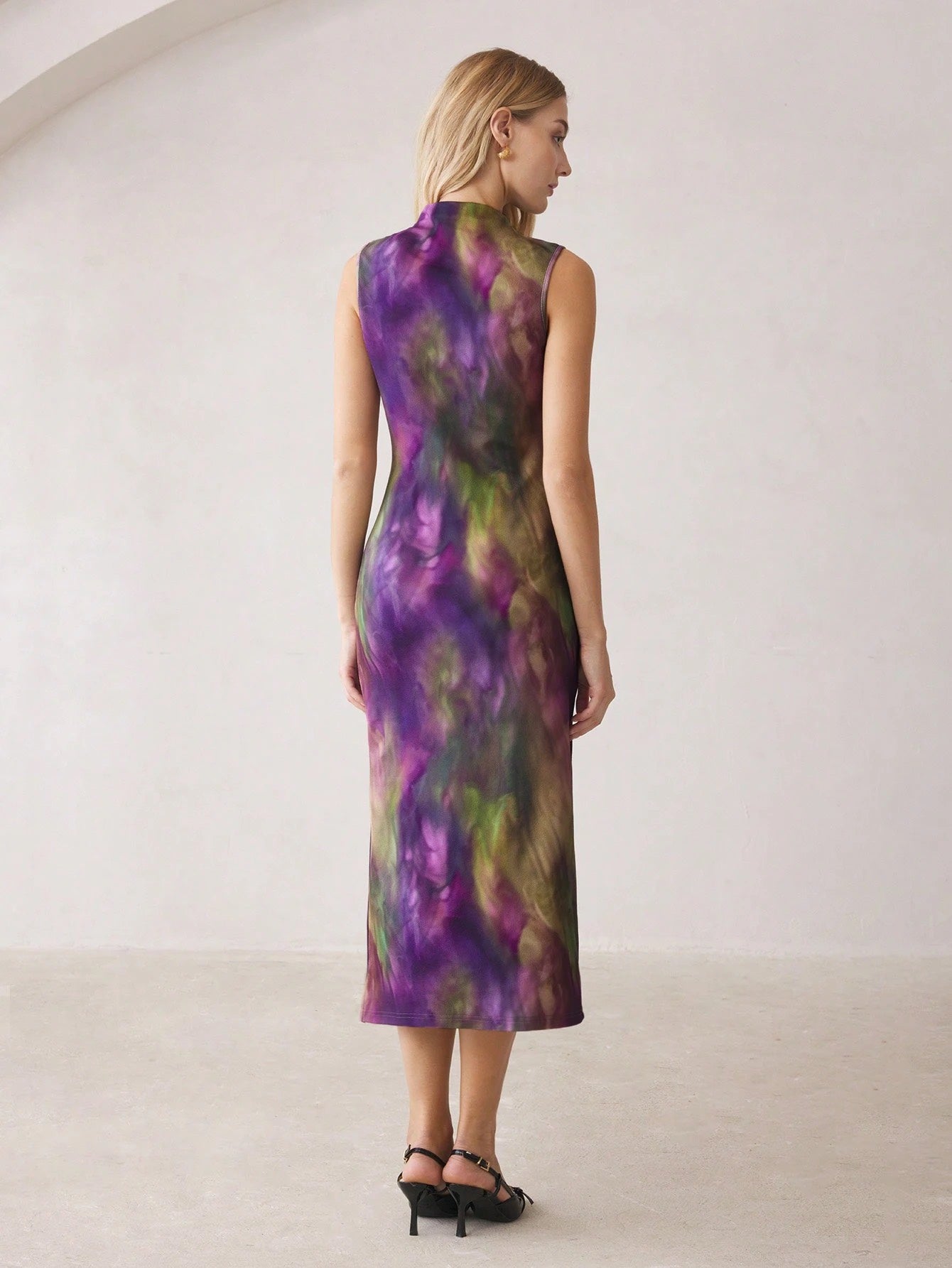 Purple Tie-Dye Sleeveless Off-Shoulder Midi Dress | Slim Fit High-Neck Party & Commute Wear