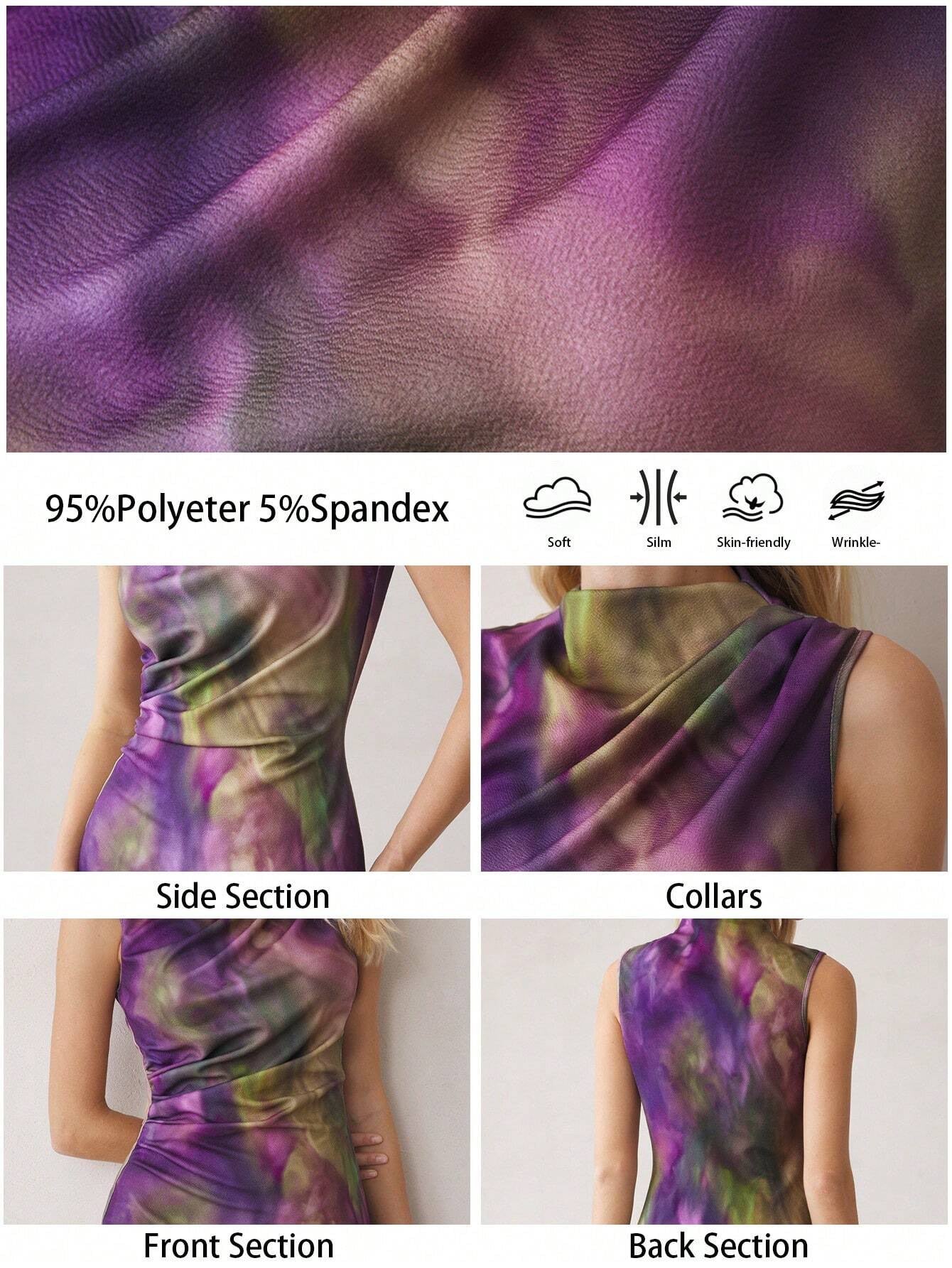 Purple Tie-Dye Sleeveless Off-Shoulder Midi Dress | Slim Fit High-Neck Party & Commute Wear