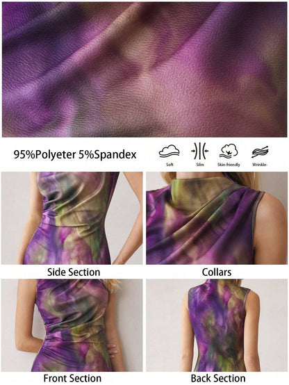 Purple Tie-Dye Sleeveless Off-Shoulder Midi Dress | Slim Fit High-Neck Party & Commute Wear