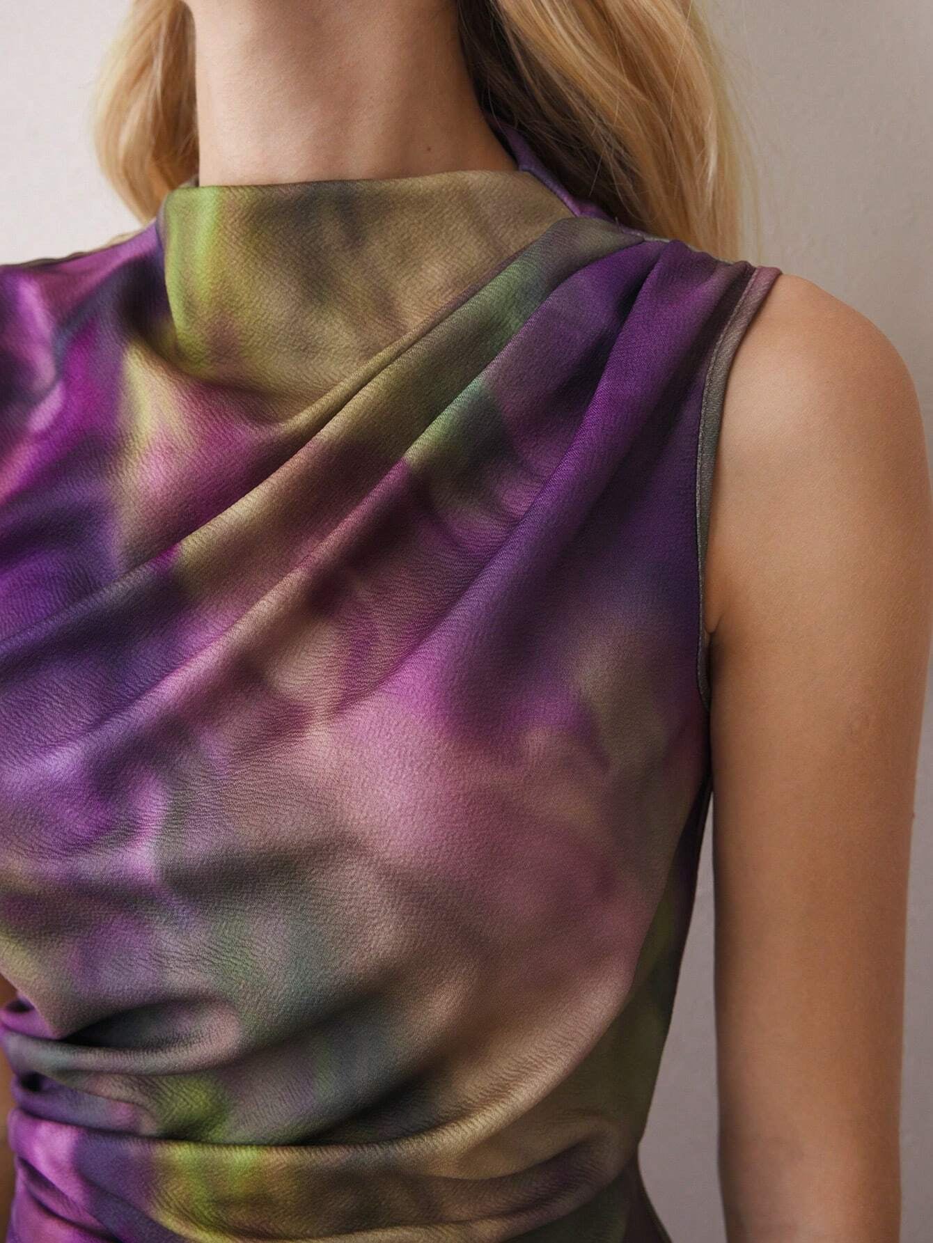 Purple Tie-Dye Sleeveless Off-Shoulder Midi Dress | Slim Fit High-Neck Party & Commute Wear