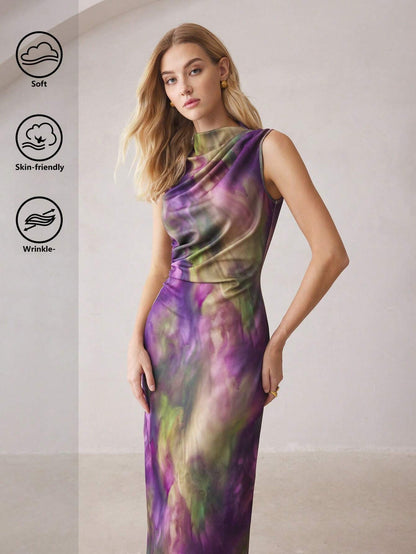 Purple Tie-Dye Sleeveless Off-Shoulder Midi Dress | Slim Fit High-Neck Party & Commute Wear