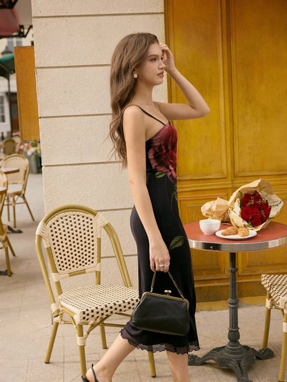 Floral Print Mesh Vintage Midi Dress | Slim Fit Romantic Black Bodycon Dress