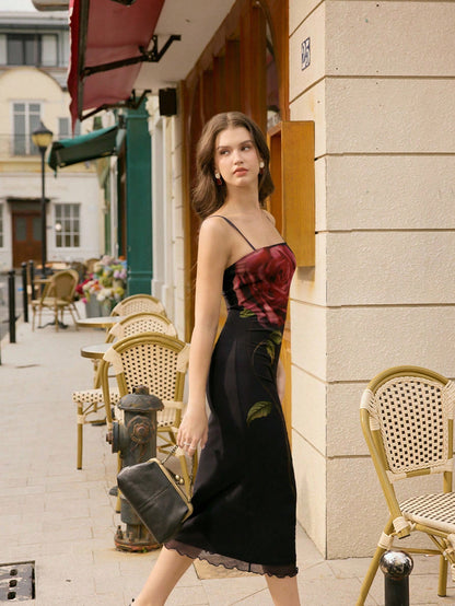 Floral Print Mesh Vintage Midi Dress | Slim Fit Romantic Black Bodycon Dress