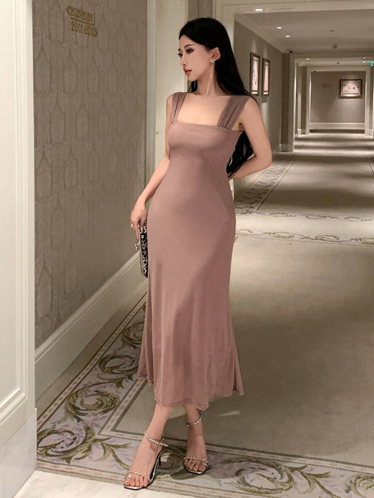 Solid Color Off-Shoulder Mesh Midi Dress | Elegant Slim Fit Prom & Evening Dress