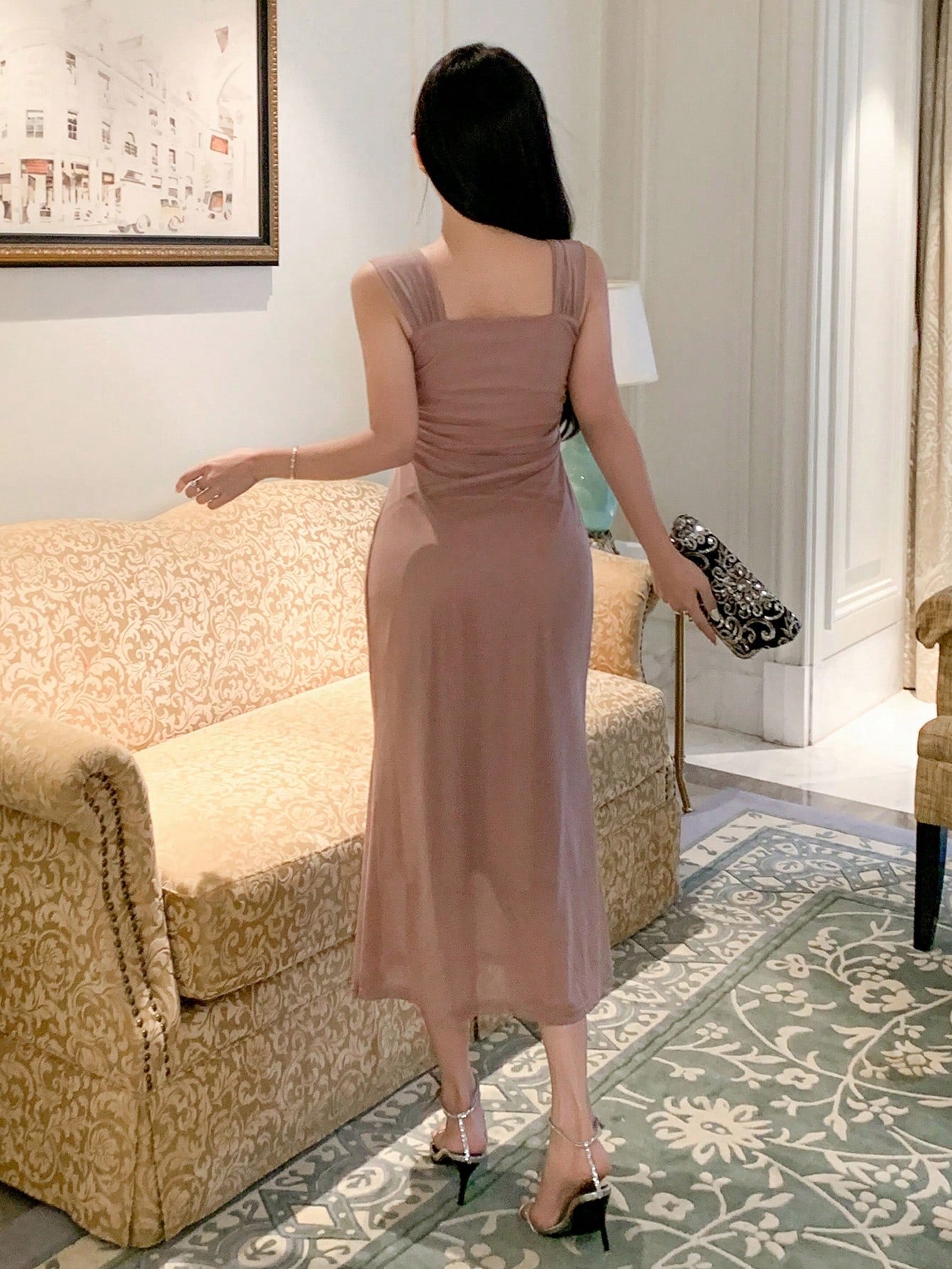 Solid Color Off-Shoulder Mesh Midi Dress | Elegant Slim Fit Prom & Evening Dress