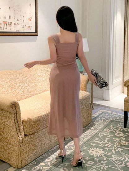 Solid Color Off-Shoulder Mesh Midi Dress | Elegant Slim Fit Prom & Evening Dress
