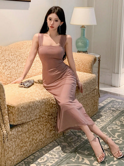 Solid Color Off-Shoulder Mesh Midi Dress | Elegant Slim Fit Prom & Evening Dress