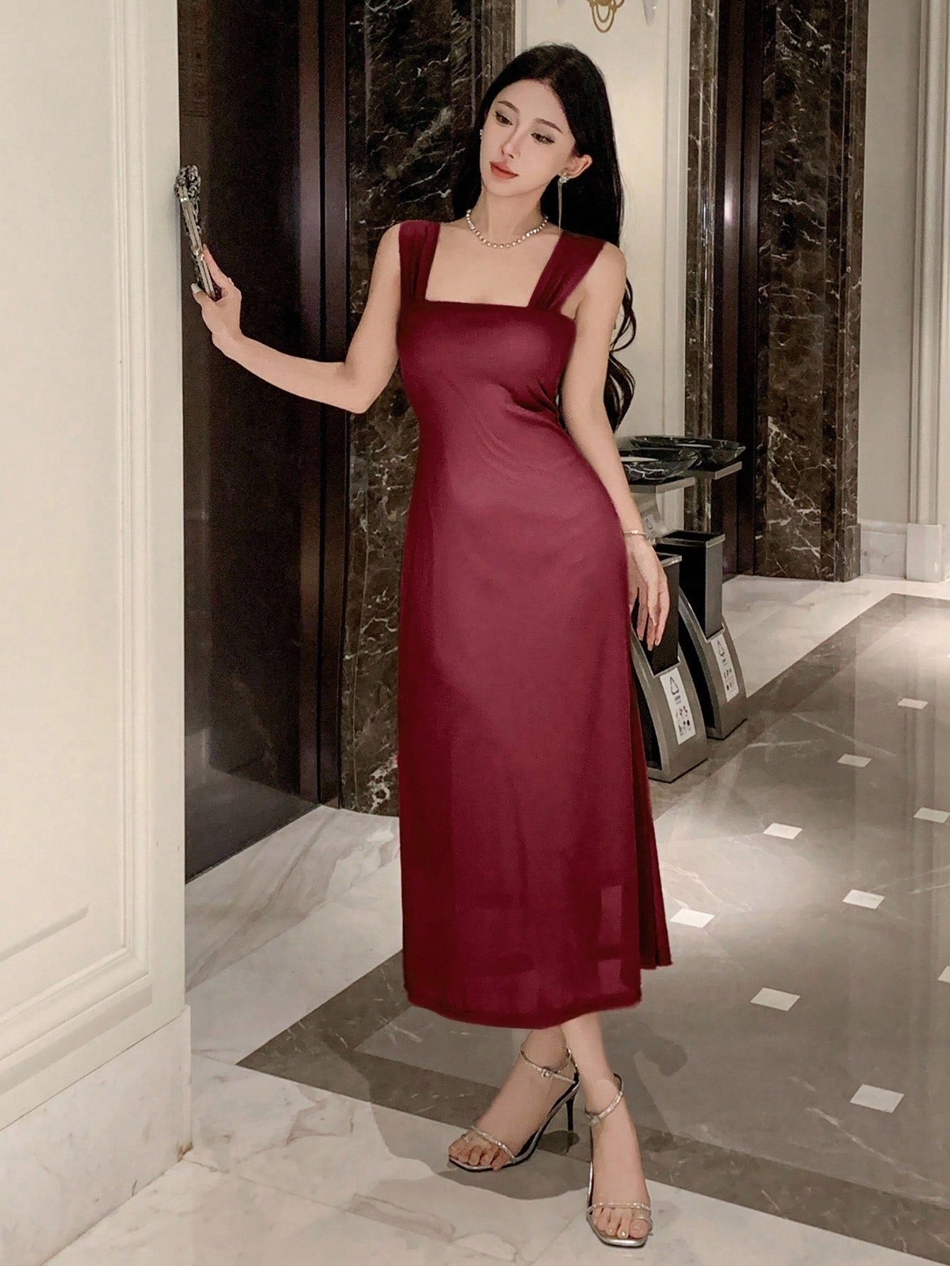Solid Color Off-Shoulder Mesh Midi Dress | Elegant Slim Fit Prom & Evening Dress