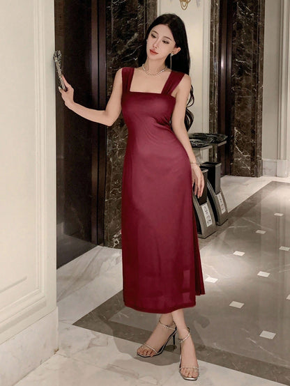 Solid Color Off-Shoulder Mesh Midi Dress | Elegant Slim Fit Prom & Evening Dress