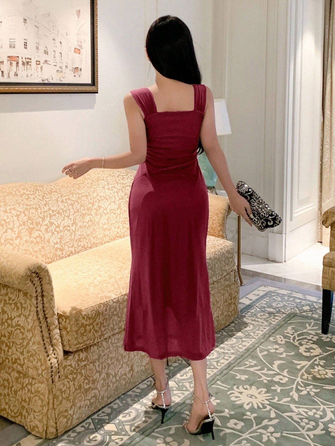 Solid Color Off-Shoulder Mesh Midi Dress | Elegant Slim Fit Prom & Evening Dress