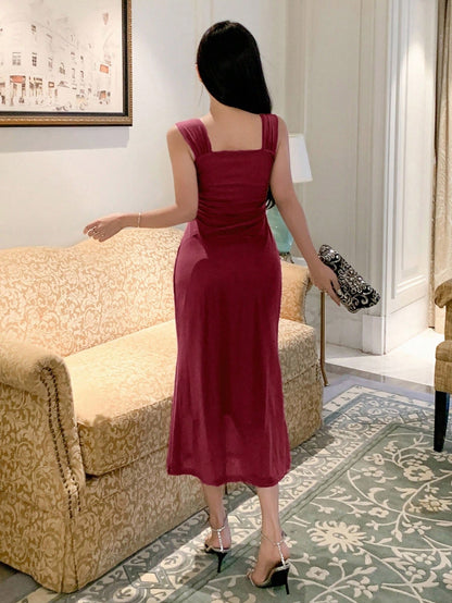 Solid Color Off-Shoulder Mesh Midi Dress | Elegant Slim Fit Prom & Evening Dress
