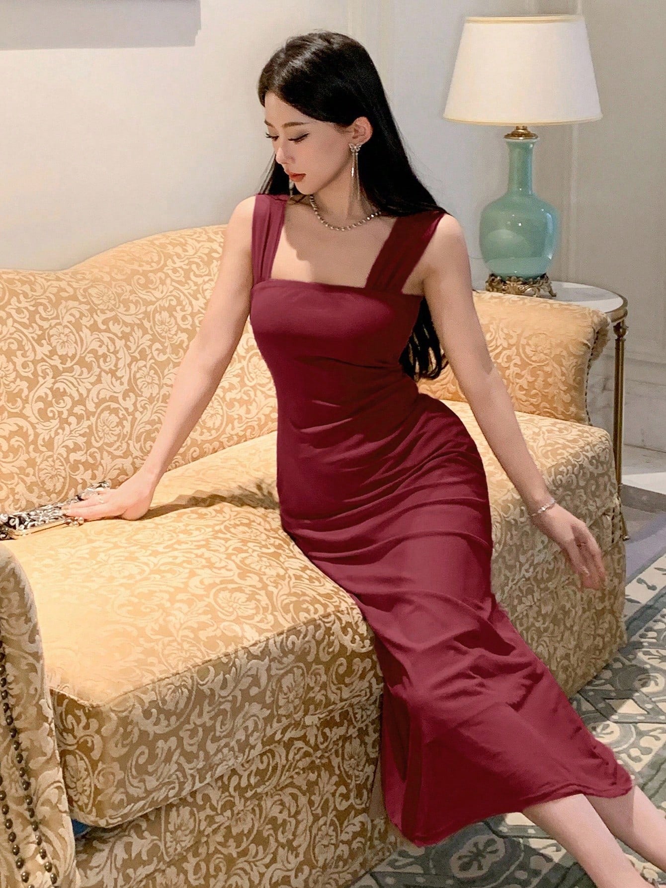Solid Color Off-Shoulder Mesh Midi Dress | Elegant Slim Fit Prom & Evening Dress
