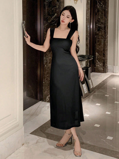 Solid Color Off-Shoulder Mesh Midi Dress | Elegant Slim Fit Prom & Evening Dress