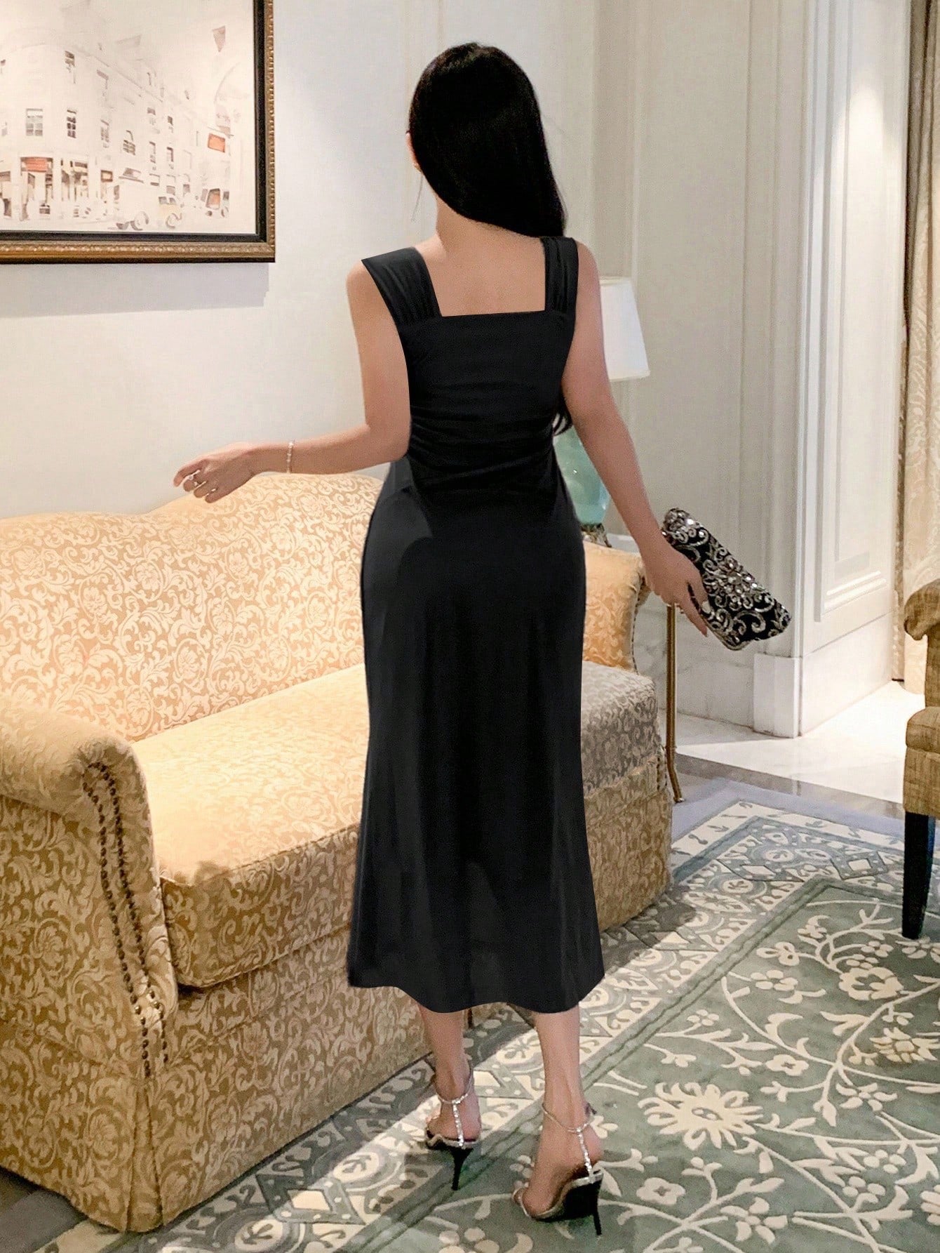 Solid Color Off-Shoulder Mesh Midi Dress | Elegant Slim Fit Prom & Evening Dress