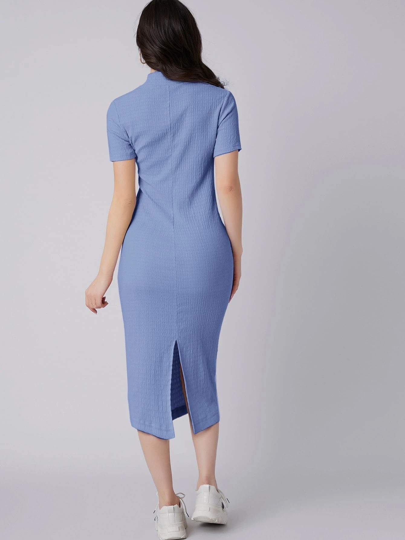 Mock Neck Bodycon Midi Dress | Short Sleeve Slim Fit Back Slit Elegant Dress