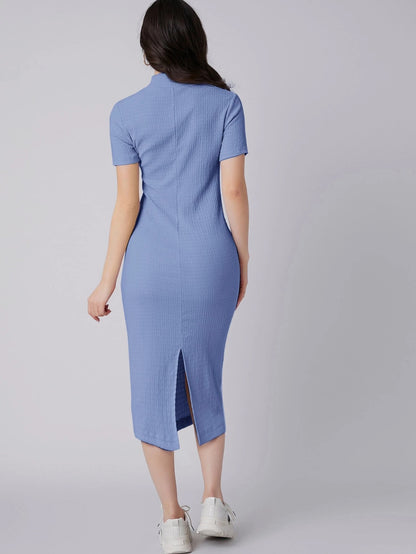 Mock Neck Bodycon Midi Dress | Short Sleeve Slim Fit Back Slit Elegant Dress