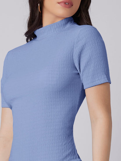 Mock Neck Bodycon Midi Dress | Short Sleeve Slim Fit Back Slit Elegant Dress