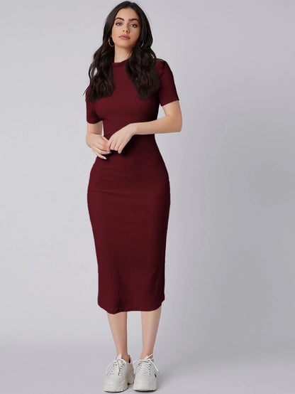 Mock Neck Bodycon Midi Dress | Short Sleeve Slim Fit Back Slit Elegant Dress