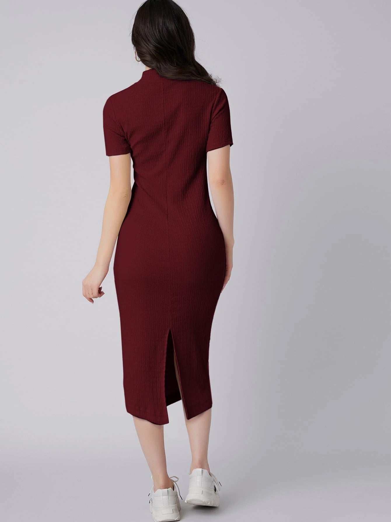 Mock Neck Bodycon Midi Dress | Short Sleeve Slim Fit Back Slit Elegant Dress