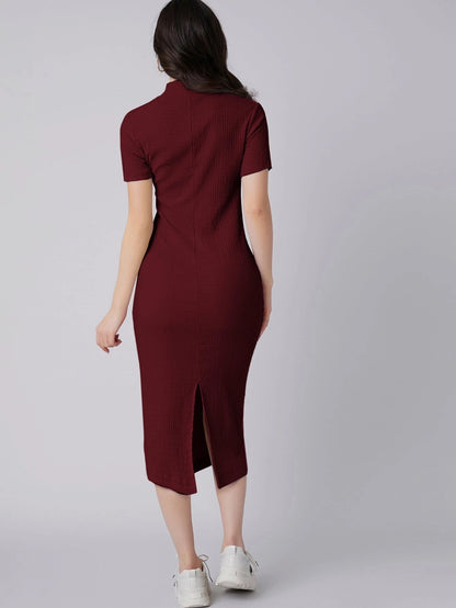Mock Neck Bodycon Midi Dress | Short Sleeve Slim Fit Back Slit Elegant Dress