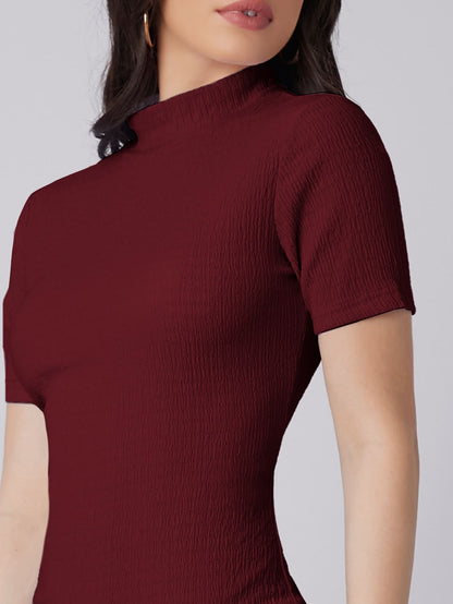 Mock Neck Bodycon Midi Dress | Short Sleeve Slim Fit Back Slit Elegant Dress