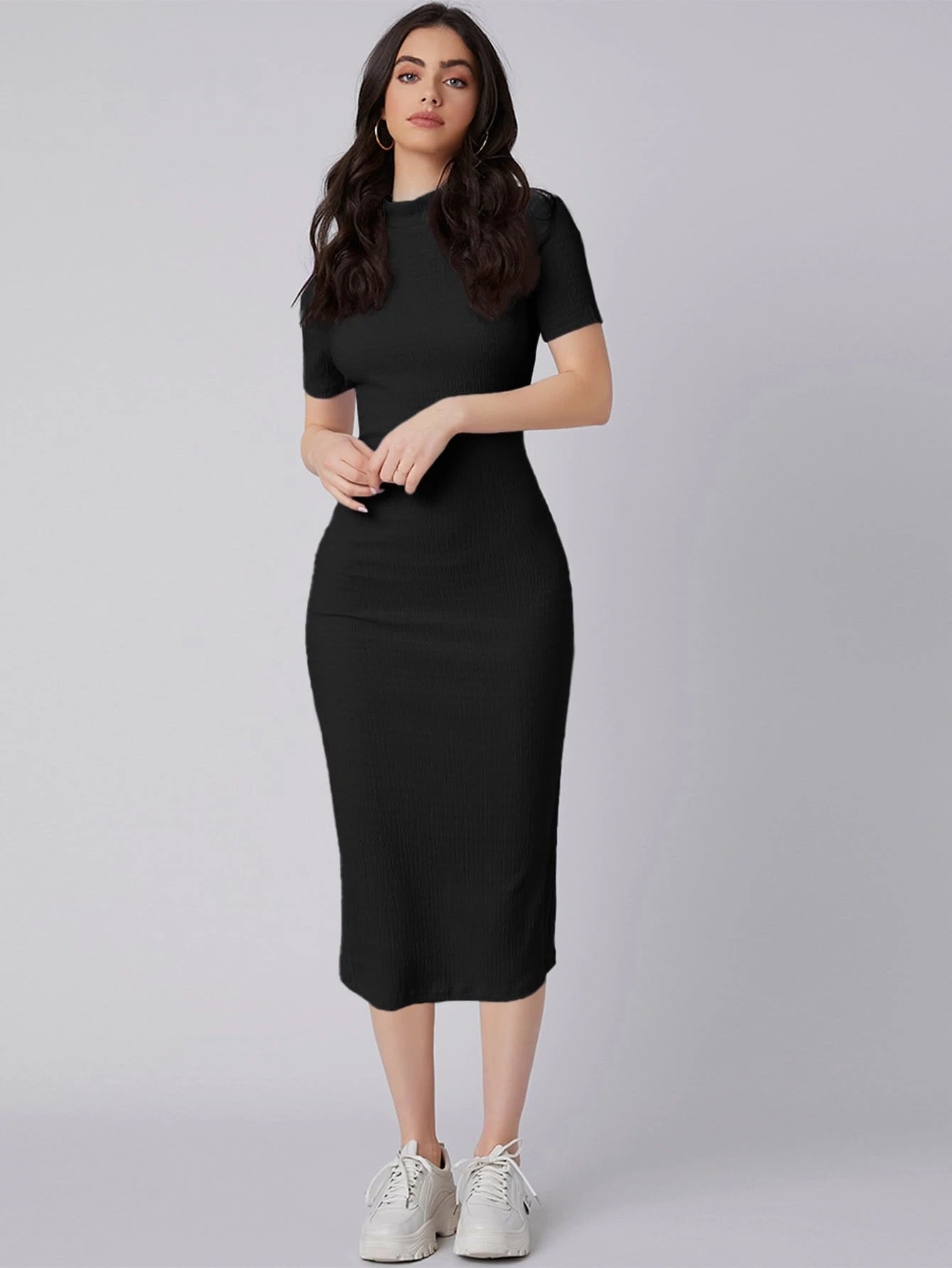 Mock Neck Bodycon Midi Dress | Short Sleeve Slim Fit Back Slit Elegant Dress