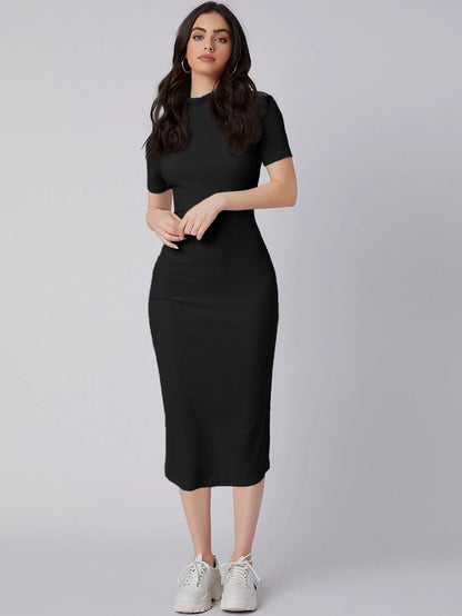 Mock Neck Bodycon Midi Dress | Short Sleeve Slim Fit Back Slit Elegant Dress