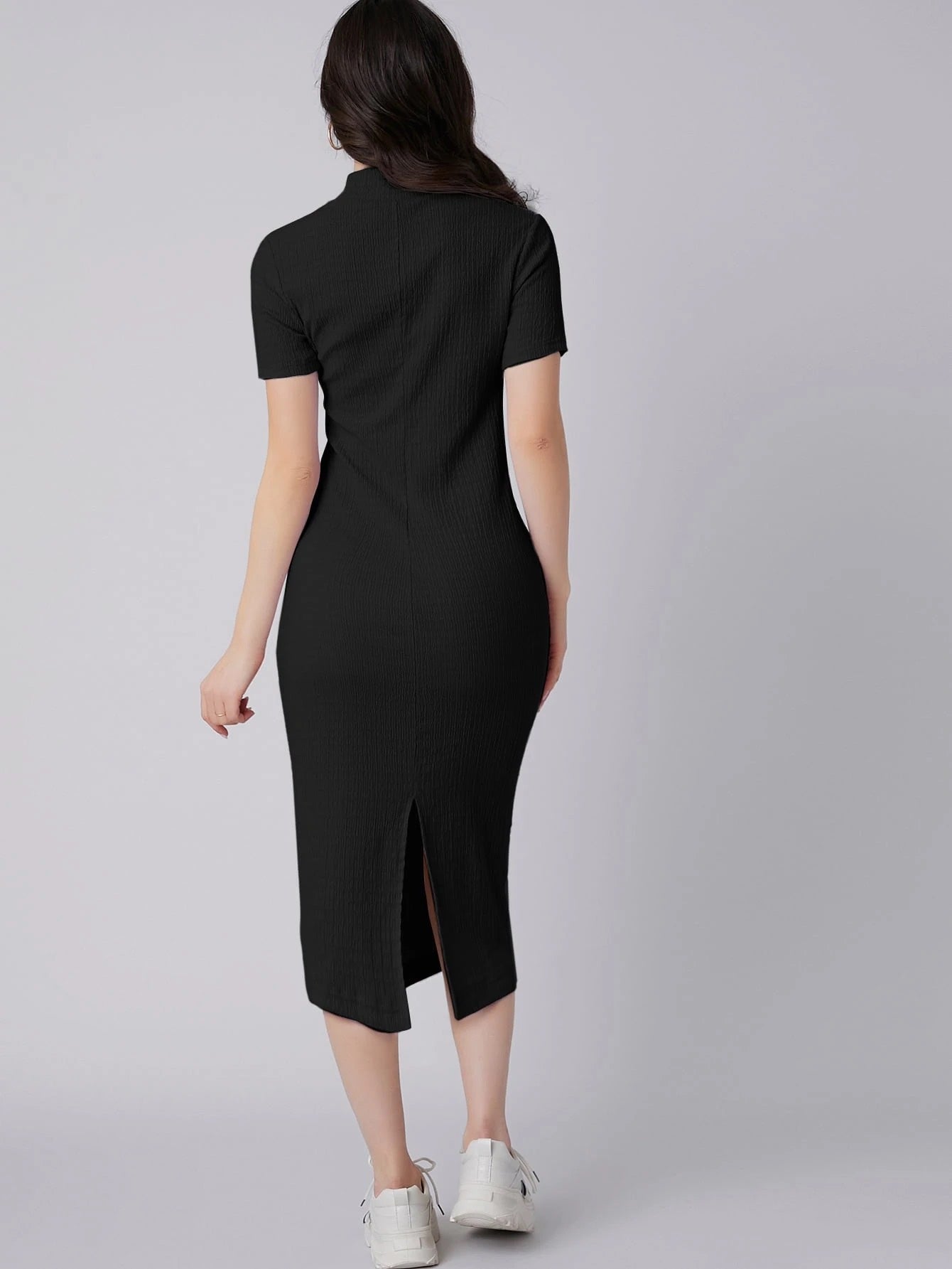 Mock Neck Bodycon Midi Dress | Short Sleeve Slim Fit Back Slit Elegant Dress