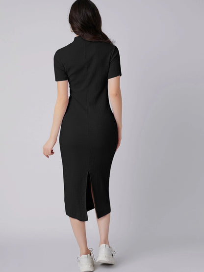 Mock Neck Bodycon Midi Dress | Short Sleeve Slim Fit Back Slit Elegant Dress