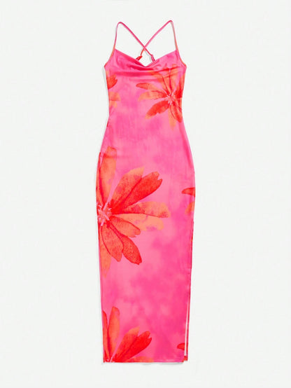Gradient Floral Cowl Neck Cami Bodycon Midi Dress | Backless Tie-Up Summer Vacation Wear