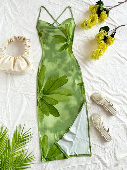Gradient Floral Cowl Neck Cami Bodycon Midi Dress | Backless Tie-Up Summer Vacation Wear