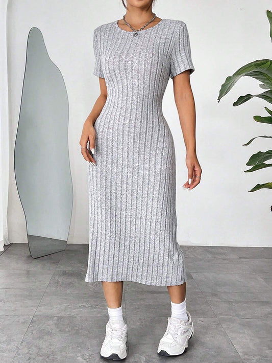 Ribbed Knit Bodycon Midi Dress | Round Neck Short Sleeve Casual Fitted Dress