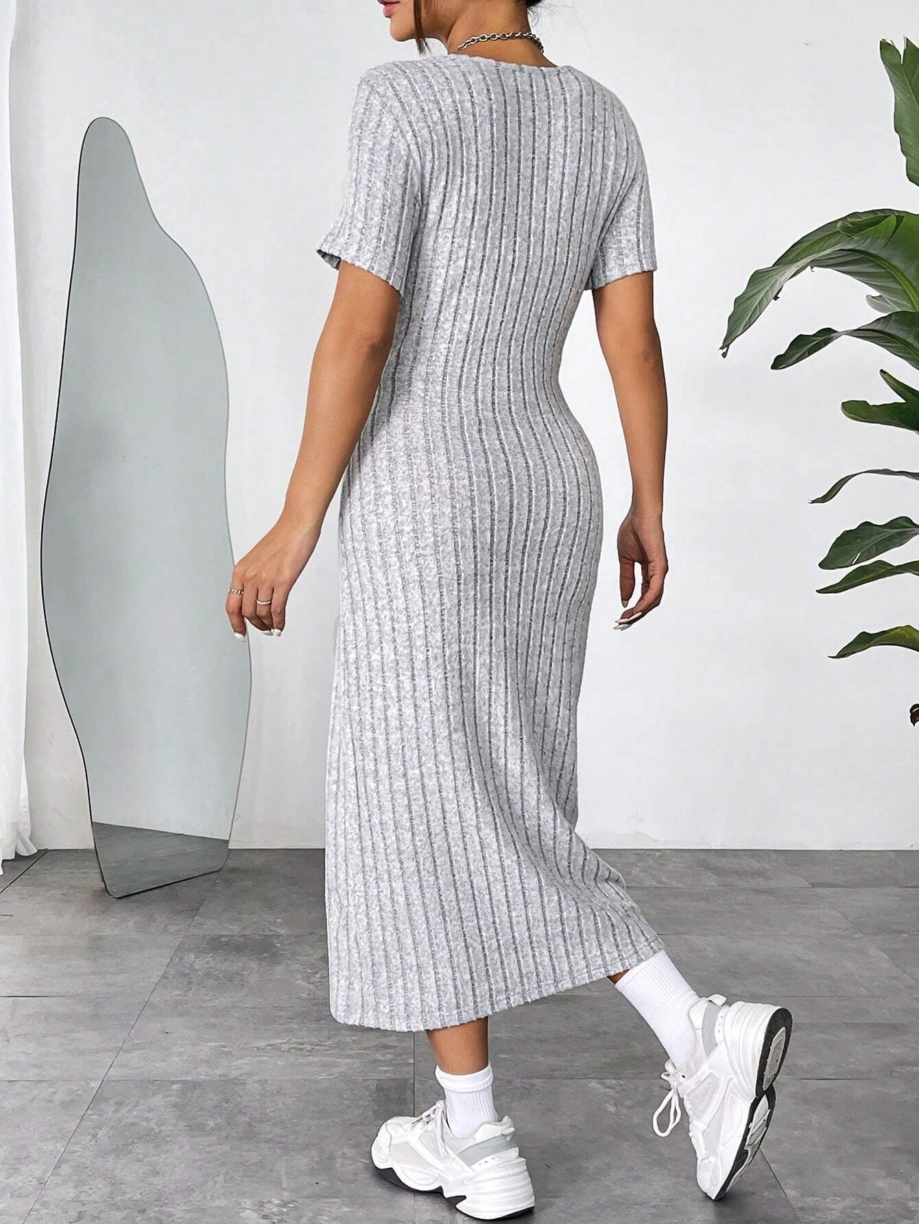 Ribbed Knit Bodycon Midi Dress | Round Neck Short Sleeve Casual Fitted Dress