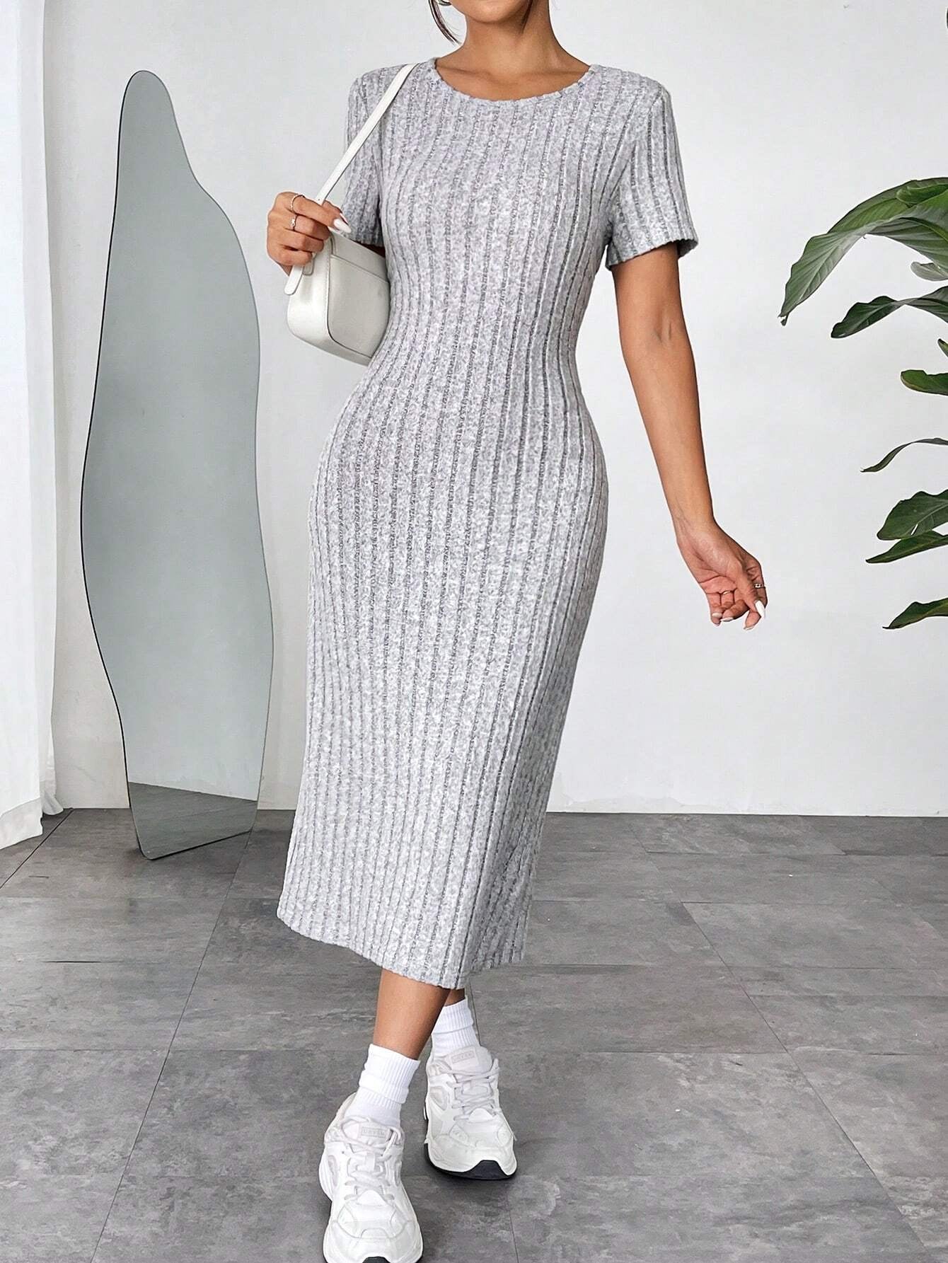 Ribbed Knit Bodycon Midi Dress | Round Neck Short Sleeve Casual Fitted Dress