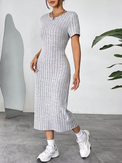 Ribbed Knit Bodycon Midi Dress | Round Neck Short Sleeve Casual Fitted Dress