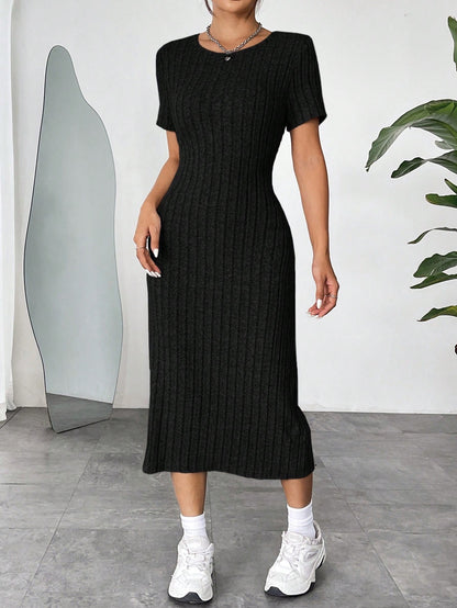 Ribbed Knit Bodycon Midi Dress | Round Neck Short Sleeve Casual Fitted Dress