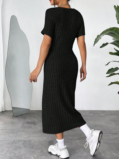 Ribbed Knit Bodycon Midi Dress | Round Neck Short Sleeve Casual Fitted Dress