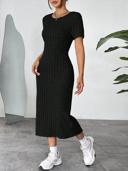 Ribbed Knit Bodycon Midi Dress | Round Neck Short Sleeve Casual Fitted Dress