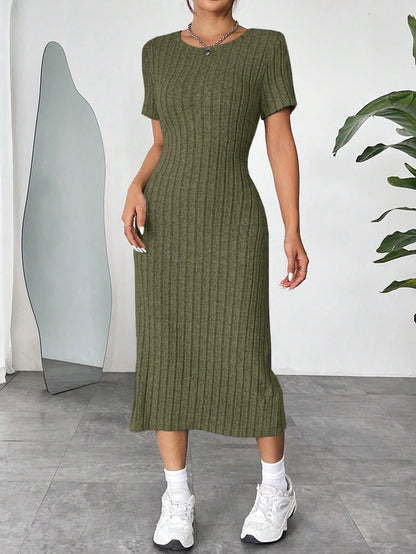 Ribbed Knit Bodycon Midi Dress | Round Neck Short Sleeve Casual Fitted Dress