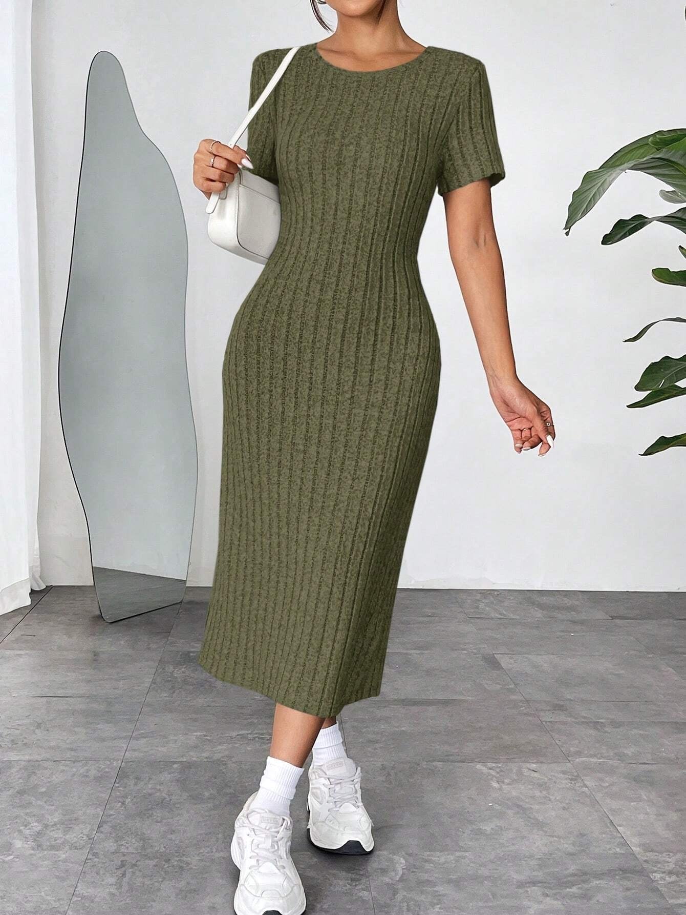 Ribbed Knit Bodycon Midi Dress | Round Neck Short Sleeve Casual Fitted Dress