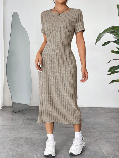 Ribbed Knit Bodycon Midi Dress | Round Neck Short Sleeve Casual Fitted Dress
