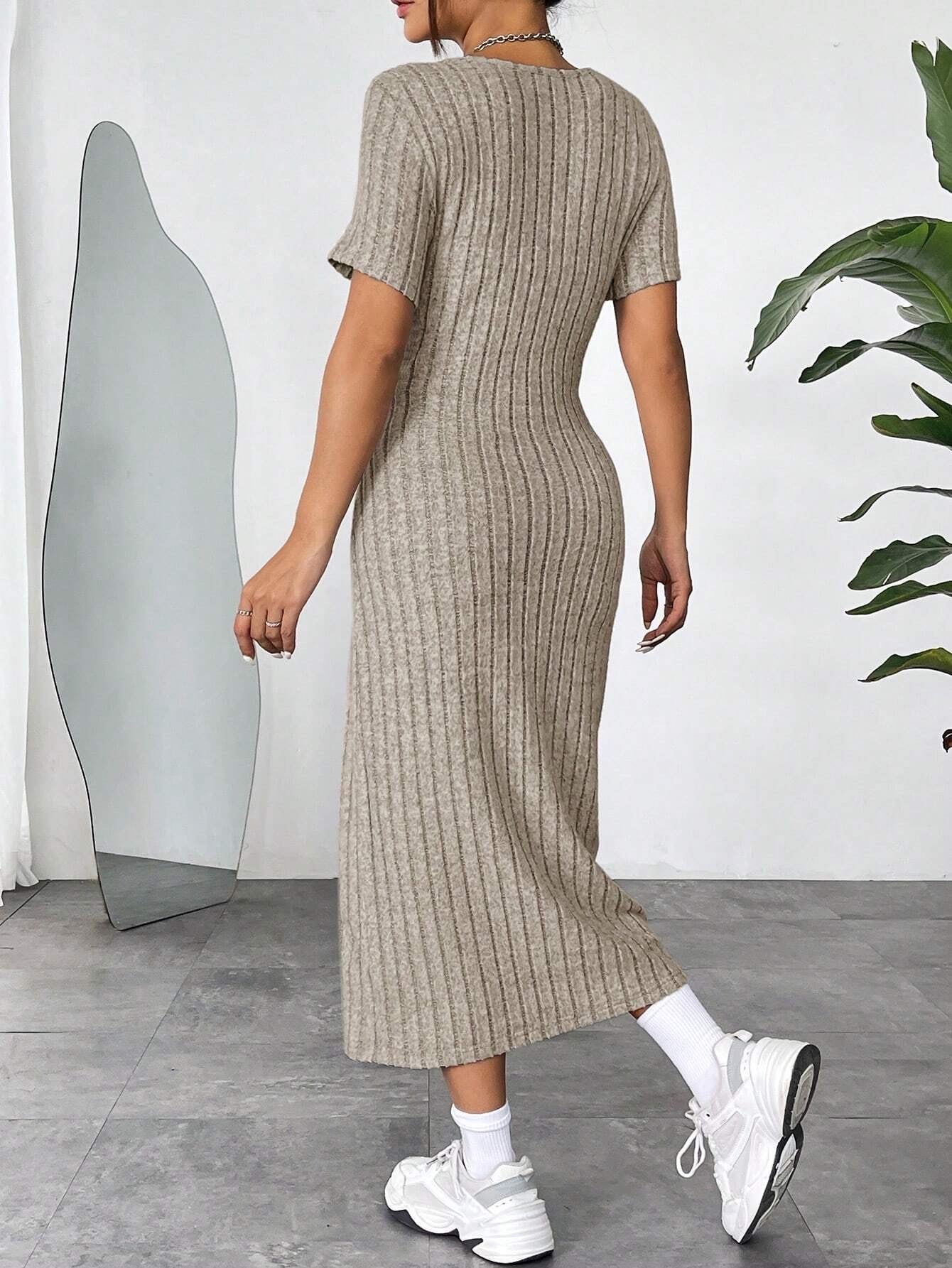 Ribbed Knit Bodycon Midi Dress | Round Neck Short Sleeve Casual Fitted Dress