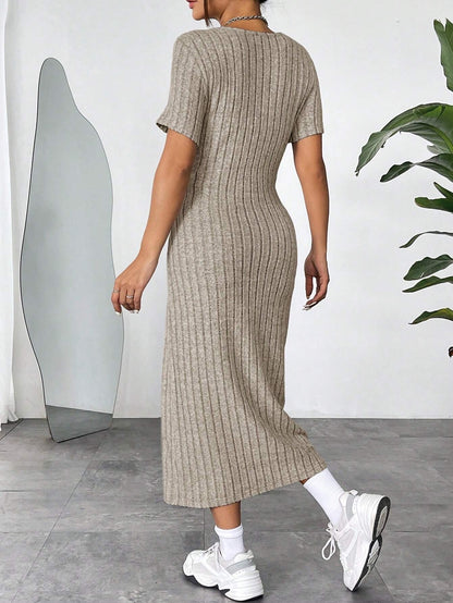 Ribbed Knit Bodycon Midi Dress | Round Neck Short Sleeve Casual Fitted Dress
