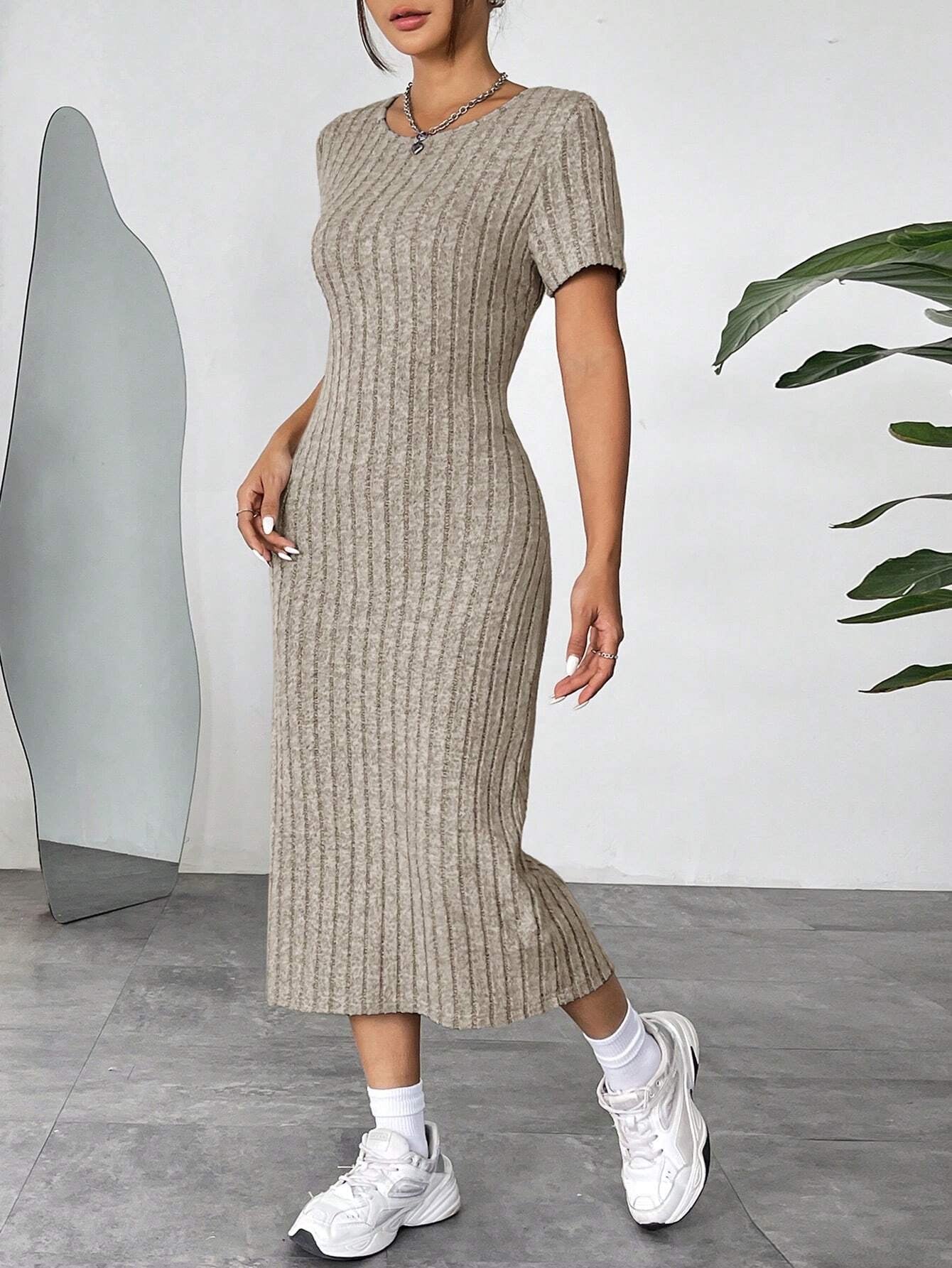 Ribbed Knit Bodycon Midi Dress | Round Neck Short Sleeve Casual Fitted Dress