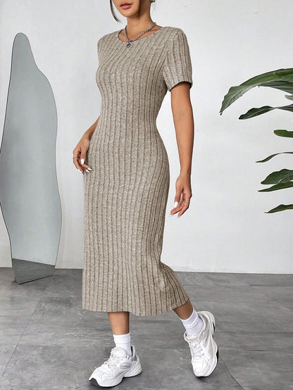 Ribbed Knit Bodycon Midi Dress | Round Neck Short Sleeve Casual Fitted Dress