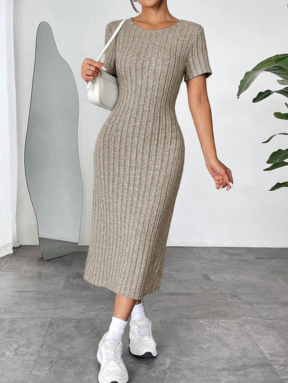 Ribbed Knit Bodycon Midi Dress | Round Neck Short Sleeve Casual Fitted Dress