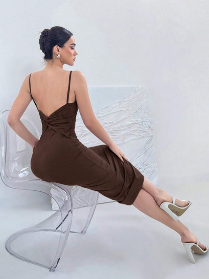Backless Knot Cami Midi Dress | Sleeveless Stretchy Open Back Summer Bodycon