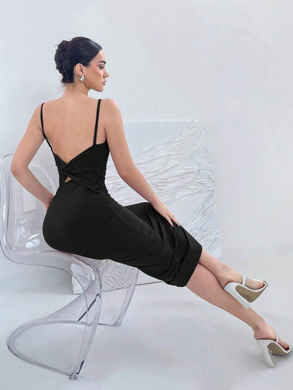 Backless Knot Cami Midi Dress | Sleeveless Stretchy Open Back Summer Bodycon