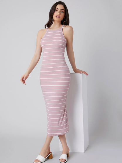 Rib-Knit Striped Bodycon Midi Dress | Spaghetti Strap Slim Fit Casual Summer Dress