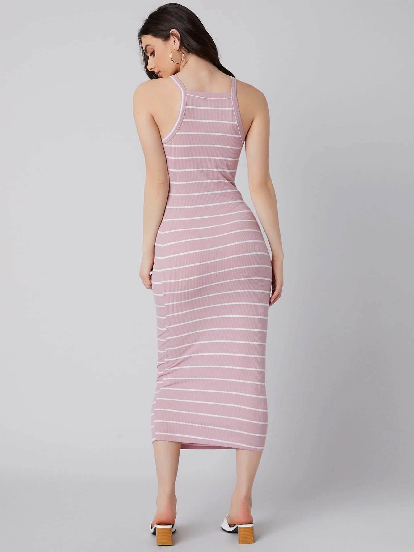Rib-Knit Striped Bodycon Midi Dress | Spaghetti Strap Slim Fit Casual Summer Dress